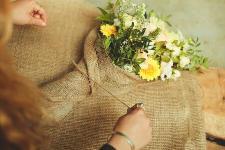 bouquet wrapped in hessian
